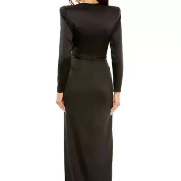 Mac Duggal Black Satin Bow Long Sleeve Column Gown